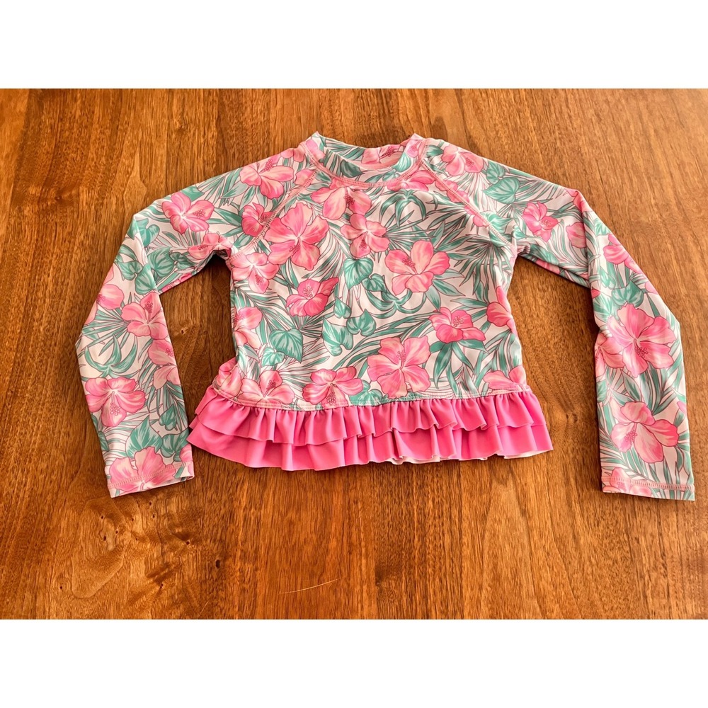 Tommy Bahama Girls Pink Hibiscus Floral Long Sleeve Ruffle Rash Guard Size 6